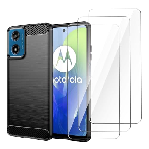 Vetro Temperato per Motorola Moto G04 4G Cover nero Carbon Fiber + 3 x Pellicola Protettiva - Morbida Case Flessibile Fibra di Carbonio Custodia per Moto G04 4G 6.56