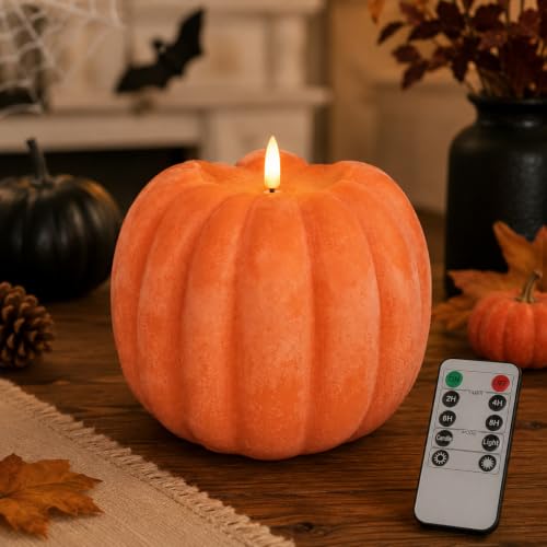Image of Fall Decorations for Home - Flameless Pumpkin Candles with Remote Timer, Realistic Orange LED Wax Pumpkin Decor, Battery Opearted Candles for Fall Halloween Thanksgiving Gifts Table Decor, Pack of 1
