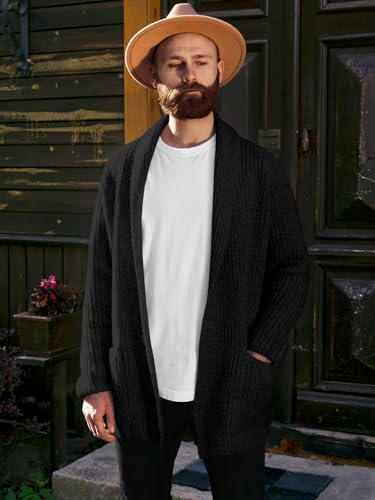 Runcati Mens Shawl Collar Long Cardigan Casual Knit Open Front Sweater Fall Winter Thermal Cardigan Sweater3