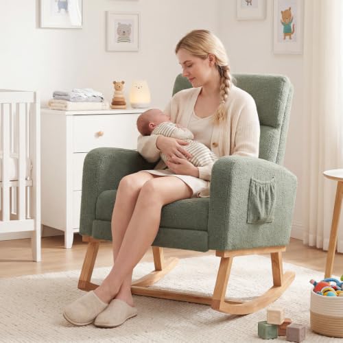 Image of HCHAIRH Rocking Chair Nursery with Foot Rest, Nursing Rocking Chairs for Mom Nursery, Teddy Rocker Glider with High Backrest for Living Room, Bedroom, Teddy Green