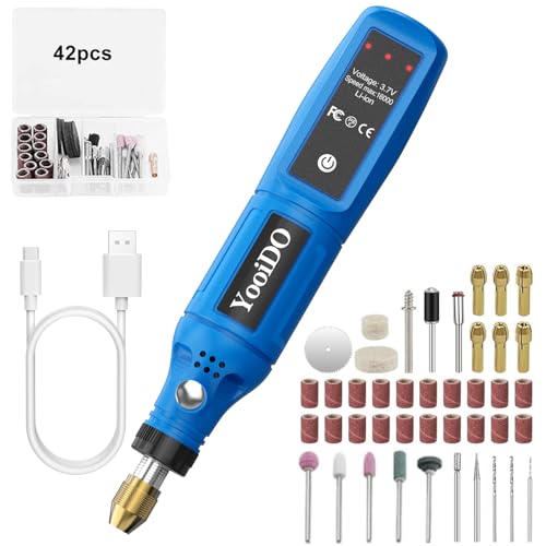 YooiDO ミニルーター リューター 3.7V 無線ルーター 3段変速 最大16000RPM/Min 42pcsワイヤレスリューター ルーター工具TYPE-C充電式 研磨/彫刻/切削/穴あけ/汚れ落とし/錆落とし/切断/つや出し/ネイルアート DIY軽作業 ミニ工具セット 電動ルーター 充電式りゅーたー (ブルー)