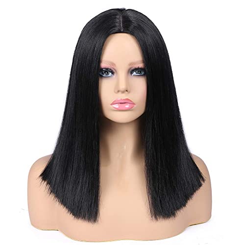 Image of Short Straight Bob Wigs Black Short Wig Middle Part Synthetic Wigs Shoulder Length Daily Cosplay Party Wigs for Women 14 inches