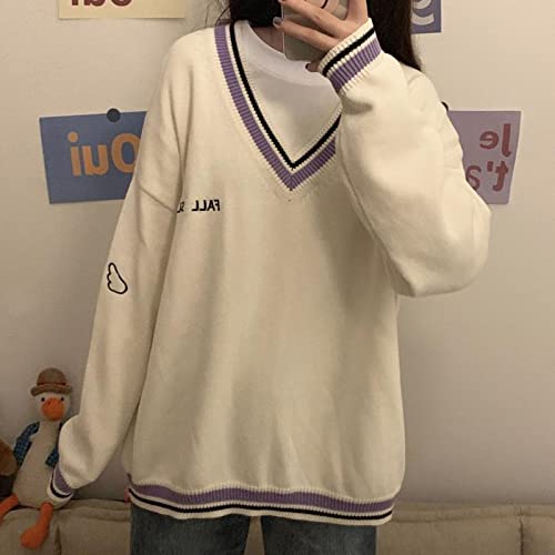 Image of Korean Women's Sweater Academy Style V-Neck Letter Pullover Women's Casual Loose Sweater