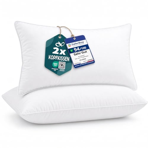 Flowen Kissen für Bett 40x60 cm Kopfkissen 2er Set Innenkissen Hypoallergene Anti-Milben Weiche Kissenfüllung mit Kissenbezug Mikrofaser Abnehmbarem und Waschbaren Schlafkissen für Haus/Hotel