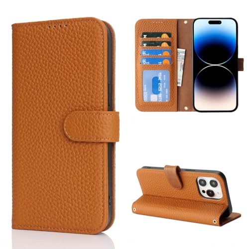 Coque iPhone 14 Pro Étui Portefeuille en Cuir Véritable Marron