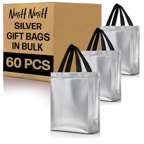 Nush Nush Silver Gift Bags Bulk Medium Size - Set of 60 Reusable Bulk Gift Bags with Handles - Ideal Goodie Bag for Birthday Party, Christmas, Thanksgiving, Bridal Shower, Small Business - 8X4X10