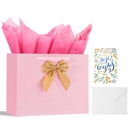 Image of Powbrace 13 inch Bright Pink Bags with Handles, Birthday Gift Bag Set - 1 Gift Bag with Bow, 2 Tissues & Greeting Card for Men Women,Gift Bags Medium size(1 PCS Bright Pink Glossy)