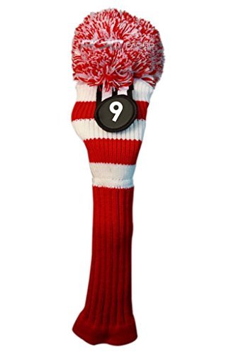 Majek #9 Fairway Metal Wood Red & White Golf Headcover Knit Pom Pom Retro Classic Vintage Head Cover