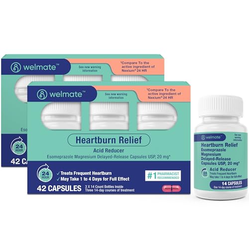 WELMATE Esomeprazole Magnesium 20mg Heartburn Medicine, 84 Count – Delayed Release Capsules, Acid Reducer for Frequent Heartburn & Acid Reflux Relief, 24HR Protection