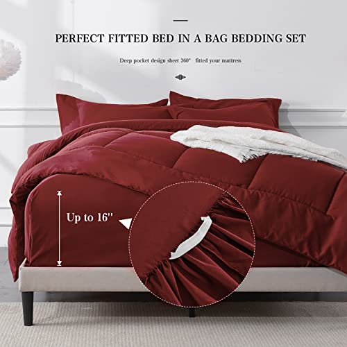 Newspin Queen Bed In A Bag - 7 Pieces Red Comforter Set, Lightweight All Season Ultra Soft Bedding Comforter Set With Comforter, Flat Sheet, Fitted Sheet, Pillowcases & Shams #TOP4