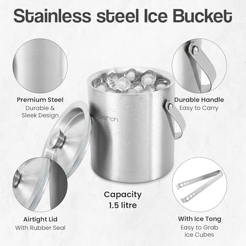 Image of O' Holic by Perch Stainless Steel Double Wall Ice Bucket & Tong - 1500ml | Insulated with Lid & Handle|Bartender Kit |Premium Barware Accessories for Home Bar, Parties, Cocktails & Gifting (1.5 Litre)