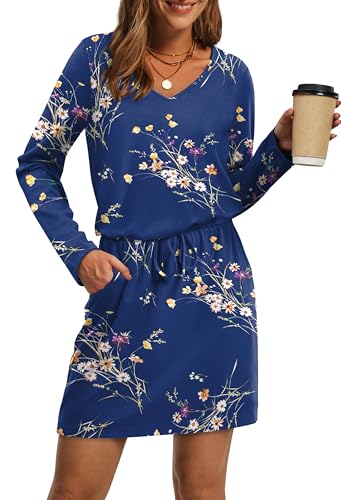 OFEEFAN Fall Dresses for Women 2025 Loose V Neck Long Sleeve T Shirts Casual Sundresses Tie Front A-Line Dresses