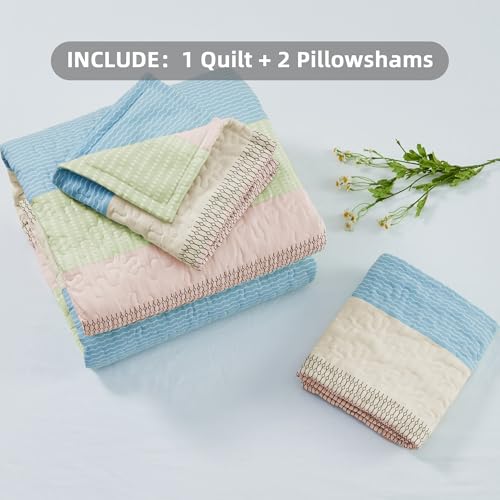 Image of Andency King Size Quilt Set Blue Pink, 3 Pieces Summer Ultra Soft Lightweight Bedspreads & Coverlets Set, Patchwork Striped Quilted Bedding Sets for All Seasons (1 Quilt, 2 Pillow Shams)