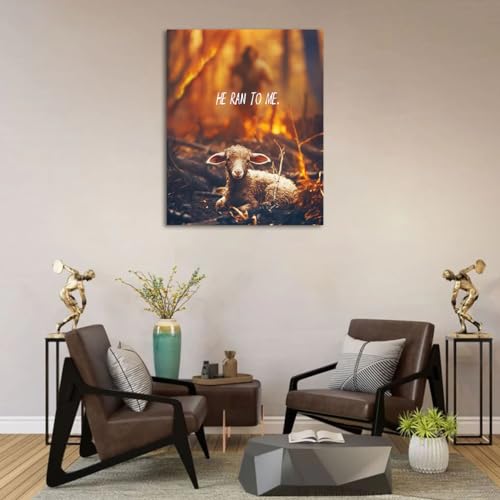 Image of GUN SUPPLIES OUTLET LLC Jesus Rescues Lost Lamb From Flames Religious Wall Art Christian Prayer Canvas Print for Wall Decoration 12x16 Inch