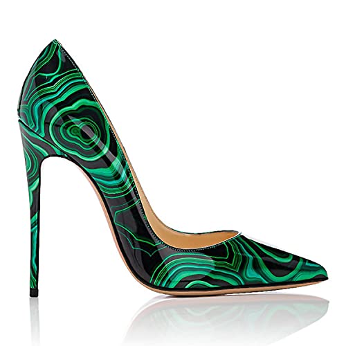 FOWT Women Stylish Super High Heel Green Painting Pattern Pumps Chic Synthetic Patent Leather Shallow Slip on Stilettos Sexy Pointed Toe Dress Evening Prom Shoes, US Size 4-13 M