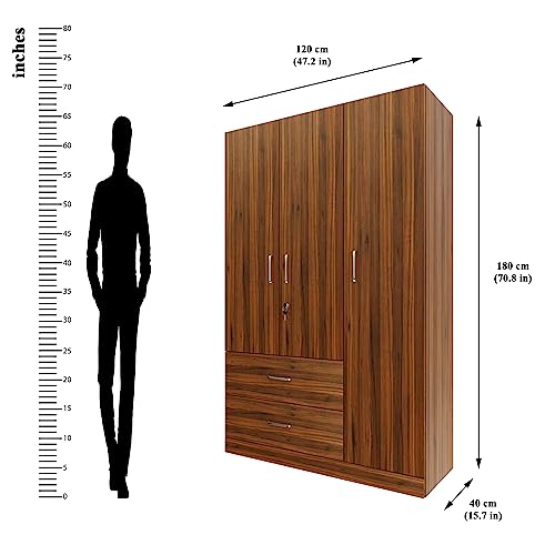Image of VIKI Wardrobe | Wooden Almirah for Clothes,Door for Bedroom, 3 Door Wardrobe with Drawer & Hanging Space (Brussel Walnut - 40D x 120W x 180H) | 1 Year Warranty | Free Assembly