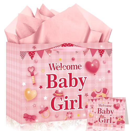 Woosytoo Welcome Baby Girl Gift Bag Pink Plaid Wrapping Bag with Greeting Card and Tissue Paper Gender Reveal Baby Girl Treat Candy Bag for Baby Shower Gender Reveal Birthday Party Supplies