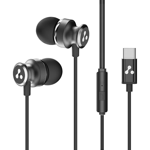 Image of Ambrane Type-C Wired Earphones, 10Mm Bass Drivers, Inline Controls for Type C Smartphones, iPhone 15 & Laptop, 1.2M Braided Anti Tangle Wire with Mic for Clear Calling (Stringz 03, Black) - in Ear