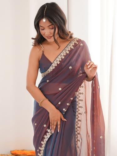 Image of AKHILAM Women's Shimmer Chiffon Sequence Embroidery Saree With Unstitched Blouse Piece(AARYAN21601 KR Parent)