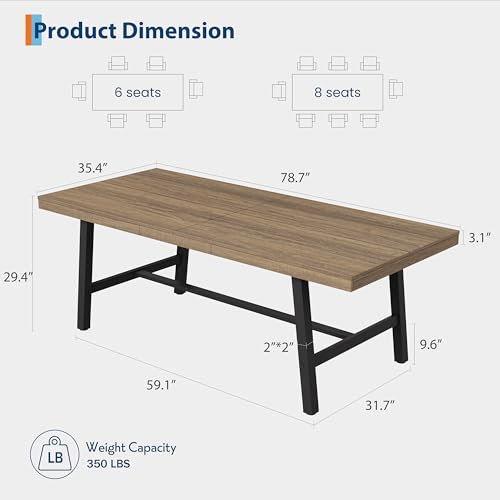 Image of GarveeHome Industrial Dining Table for 6-8 People, 78.7 inch Long Kitchen Table with Sturdy Metal Frame, Rectangular Counter for Dinner, Kitchen, Dining Room (Rustic Pear, 79 inch Non-extendable)
