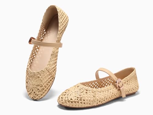 Image of Coutgo Womens Mary Jane Woven Flats Round Toe Ballet Flats Dressy Comfortable Slip On Shoes