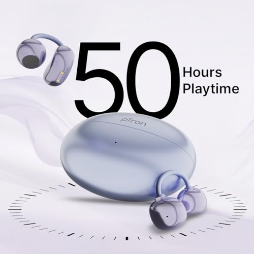 Image of pTron Bassbuds Verse Clips Wireless Open Ear Earbuds w /SafeBeats Tech, 50Hrs Playtime, Dual HD Mics, TruTalk AI-ENC, Custom EQ, Mobile App, Pristine Sound,BTv6.0 Earclips,Type C Charging(Pearl Purple)