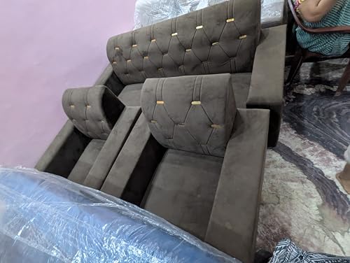 Image of Modern Tufted Velvet Sectional Sofa, Grey, L-Shaped Design with Gold Accent Buttons