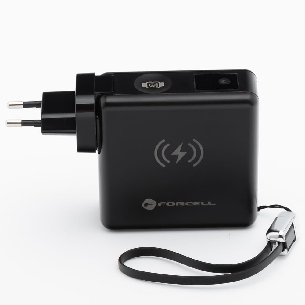 Forcell F-Energy 6w1 Cargador de viaje USB-C USB-A de 45 W - Powerbank 15000mAh - Carga inalámbrica de 15 W PD QC 3.0 - EU UK US enchufes, pantalla LCD