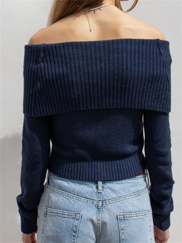 Image of Women Off The Shoulder Sweater Y2k Long Sleeve Boat Neck Knit Cropped Pullover Tops Fall Trendy Going Out Streetwear