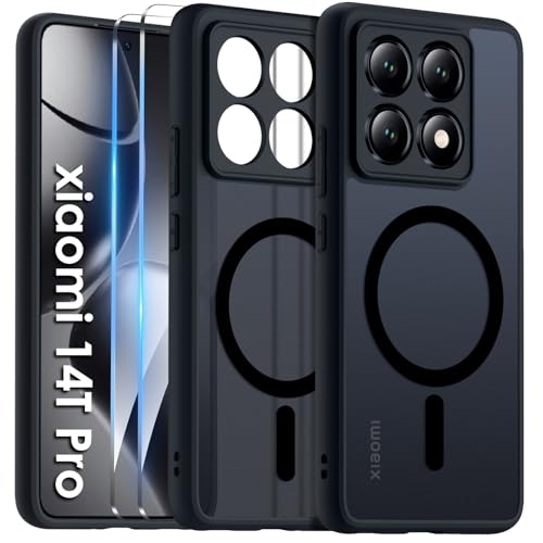 COPIKE Funda Magnética para Xiaomi 14T Pro con 2 Cristal Templado, Compatible con MagSafe Carcasa Antigolpes Translúcida Trasera, Mate Negro