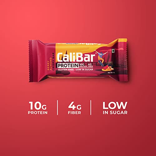 Image of CaliBar 10g Protein Bar - Berry Almond Crispy Bar (Pack of 4) With Real Cranberry & Blackcurrant Bits, Low In Sugar, Sweetened With Honey, Gluten-Free, 4g Fiber, No Preservatives, Delicious Taste & 100% Veg. | Guilt-Free snacking for High Protein diets, Sustained Energy, Fitness & Immunity (40g x 4 Bars)