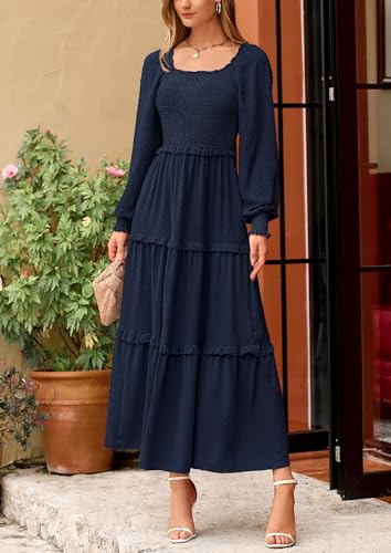 PRETTYGARDEN Fall Dresses for Women 2025 Long Sleeve Smocked Square Neck Swiss Dot Tiered Flowy Wedding Guest Maxi Dress