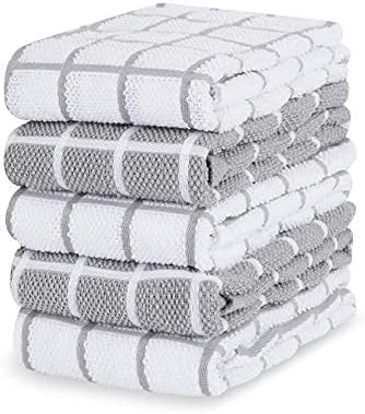 Amazon Brand Eono 100% Cotton Terry Tea Towels - Absorbent Restaurant Bar Glass Kitchen Cloths - 40 x 64 cm - Pack of 5 - Grey