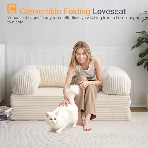 COMAX Folding Sofa Bed Queen, Foldable Couch Bed, Fold Out Futon Chair Sleeper for Adults, Convertible Floor Mattress Sofa for Bedrooom Living Room Guest Room, Faux Fur Light Beige