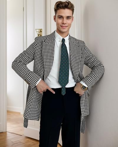 Men's Herringbone Tweed Blazer Coat Slim Fit Double Breasted Suit Jacket with Belt4