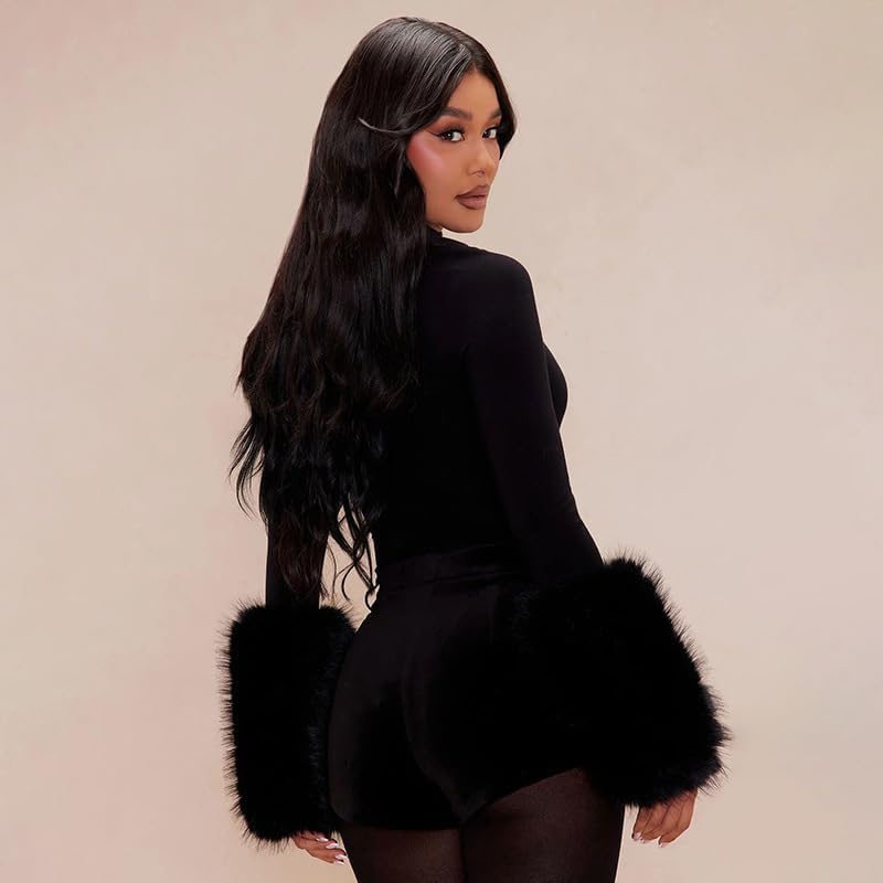 THLAI Black Bodysuits for Women Mock Neck Faux Fur Cuff Long Sleeve Body Suits Going Out Tops Sexy Club Outfits Romper - Image 2