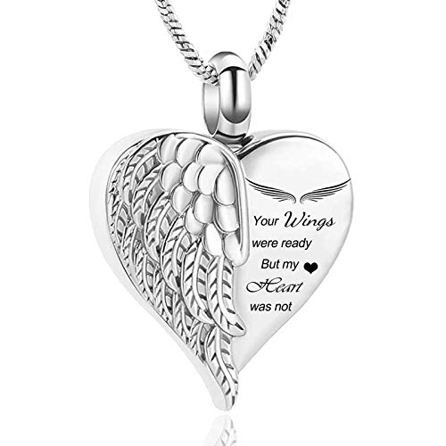 Yinplsmemory Love Heart Urn Necklace for Ashes Keepsake Memorial Cremation Jewelry Stainless Steel Angel Wing Ashes Holder Memorial Gift for Loss of Father/Mother/Pet (Silver)