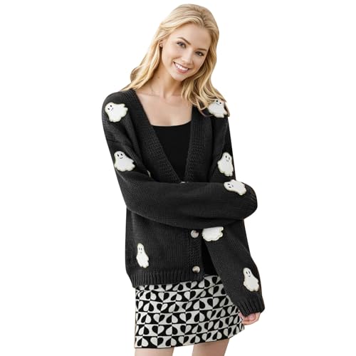 CHICWISH Women's Black Purple Halloween Ghost Patch Open Front Cardigan Sweaters V Neck Casual Button Down Knit Coats