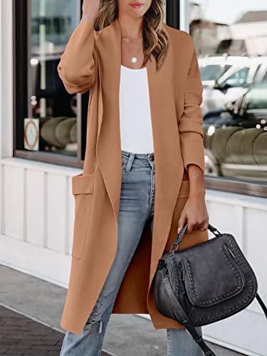 Logene Women's Casual Long Sleeve Draped Open Front Jackets Long Knitted Cardigan Sweater-5L80-Rouxing-L Khaki Pink #TOP4