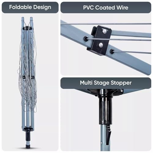 MEHRU Heavy Duty Rotary Washing Line Outdoor 4 Arm 60M Clothes Airer with Peg Bag Metal Ground Spike Waterproof Cover Foldable Garden Dryer Whirlygig Laundry Spinner Weatherproof Portable Drying Horse - Image 4