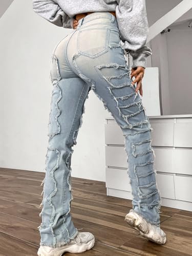 Women's High Waisted Straight Leg Slim Fit Raw Hem Patchwork Stretchy Y2K Stacked Mom Jeans Boyfriend Jeans for Teen Girls2