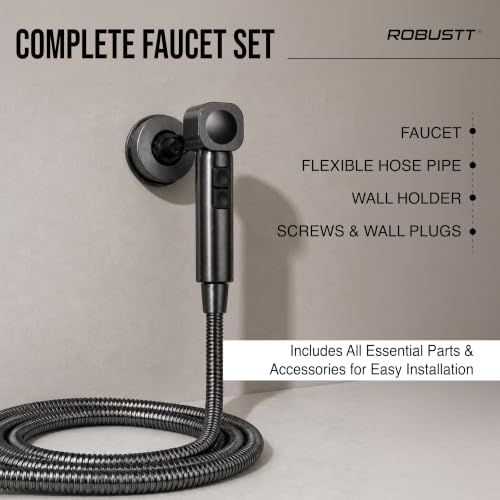 Image of Robustt Health Faucet for Toilet with 1.2m Hose | with Adhesive Wall Mount Holder |2 Flow Modes | Jet Spray Pipe for Toilet with Stream & Rain Settings, - Chrome Finish Bathroom Faucet