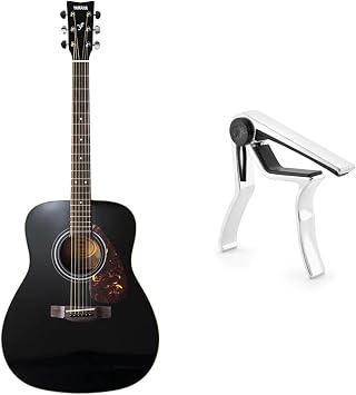 Yamaha F370 Full Size Steel String Acoustic Guitar - Traditional Western Body - Classic Black & TIGER GACAPO2 Trigger Guitar Capo - Easy to Use Universal Guitar Capo - Chrome