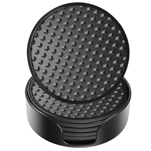 Silicone Coasters 6 Pack with Holder Drink Coasters Set for Hot & Cold at Bar Desk Tabletop-Protection Round Cup Mat Non-Slip for Any Cups Thickened Non-Stick Deep Tray Coffee Table Decor Black