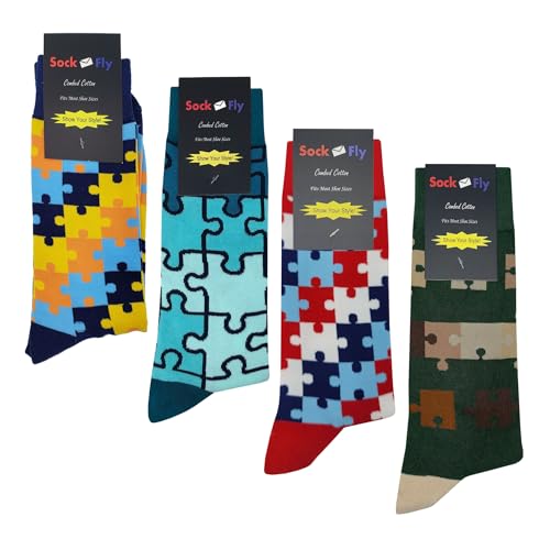Puzzle Dress Socks 4 Pack Funny Novelty Crazy Fun Design Men Size 8-12 Cotton Casual Crew Colorful Funky Fancy Socks Gift for Men2
