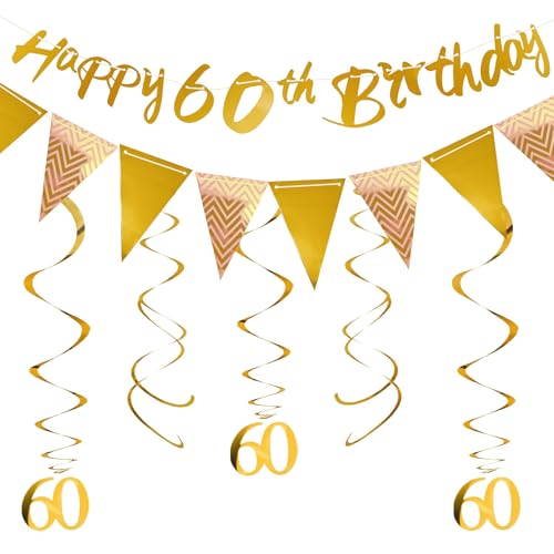 GoldRock Kit de décoration d'anniversaire, bannière dorée et guirlande de fanions, guirlandes en spirale (décoration 60 ans)