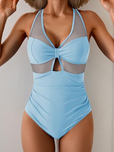 Women's Tummy Control One Piece Swimsuit Mesh V Neck Bathing Suit Ruched Slimming Cutout Swimwear2