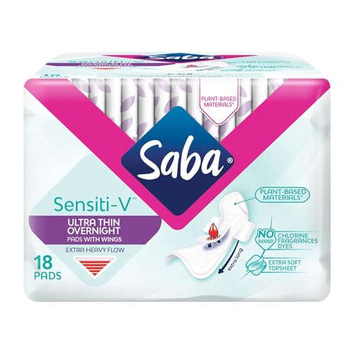 Image of SABA Sensiti-V Ultrathin Overnight Pads with Wings, Heavy Flow Protection, 2-Pack of 18 Pads (36 Count)
