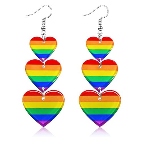 LGBTQ Rainbow Pride Earrings for Women Triple Love Heart Earrings Dangling Gay Lesbian Bisexual Transgender Jewelry Accessories for Pride Month