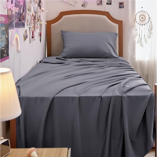 Image of Bedsure Cooling Sheets Twin XL, Rayon Derived from Bamboo, PureWoven, Breathable & Soft Twin XL Sheet Sets, Deep Pocket Up to 16 inch, Hotel Luxury Silky Dorm Bedding for Hot Sleepers, Dark Grey